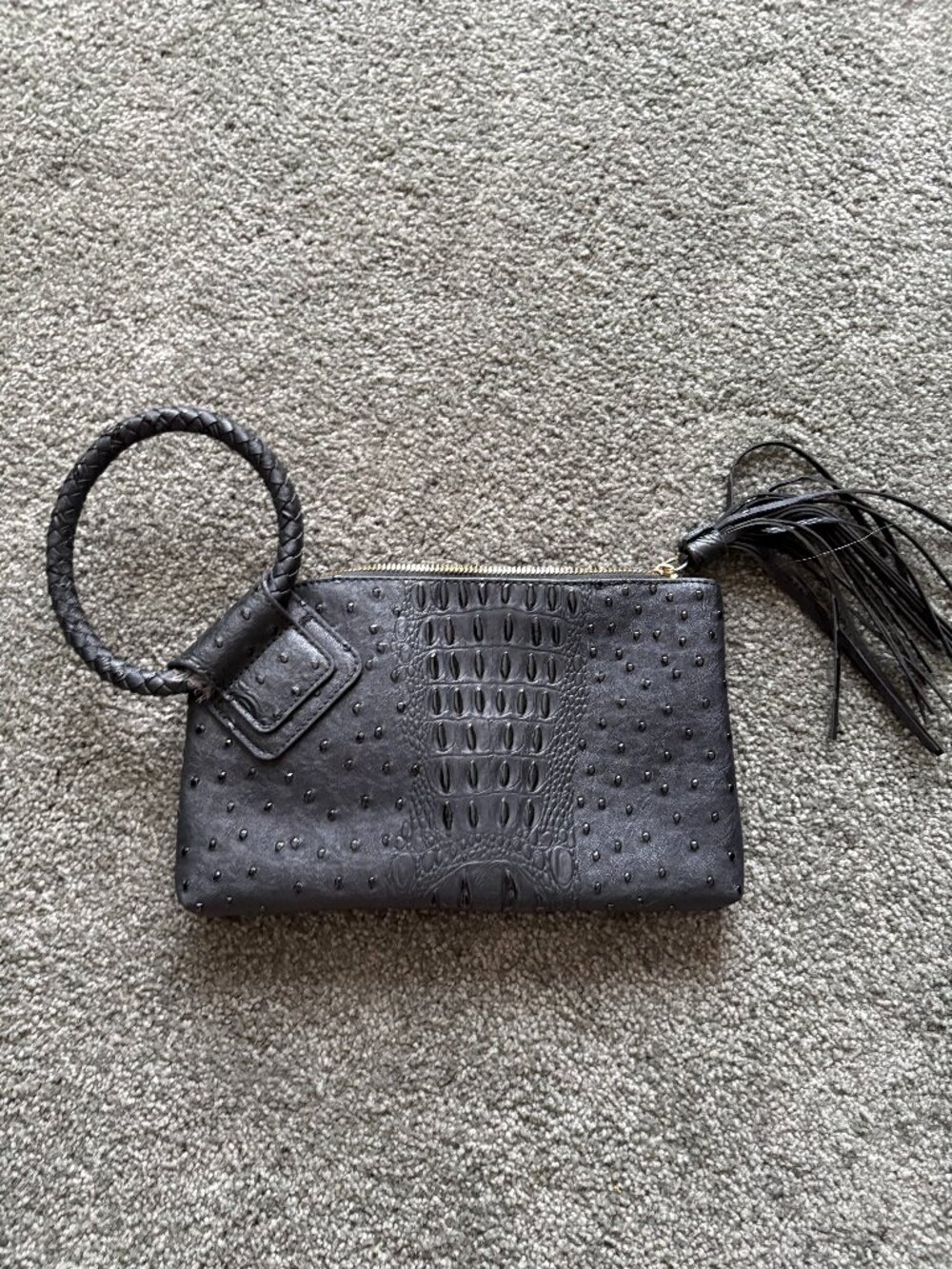 Ostrich Croc Handcuff Tassel Wristlet Clutch
